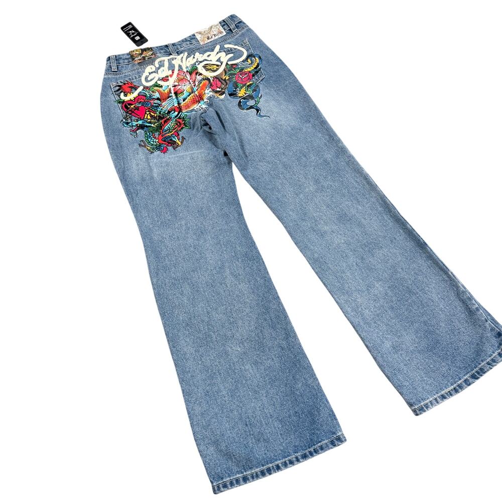 Ed Hardy WEHD8100-3 Women's Wide Leg Blue Jeans Size 30 Koi Dragon NWT